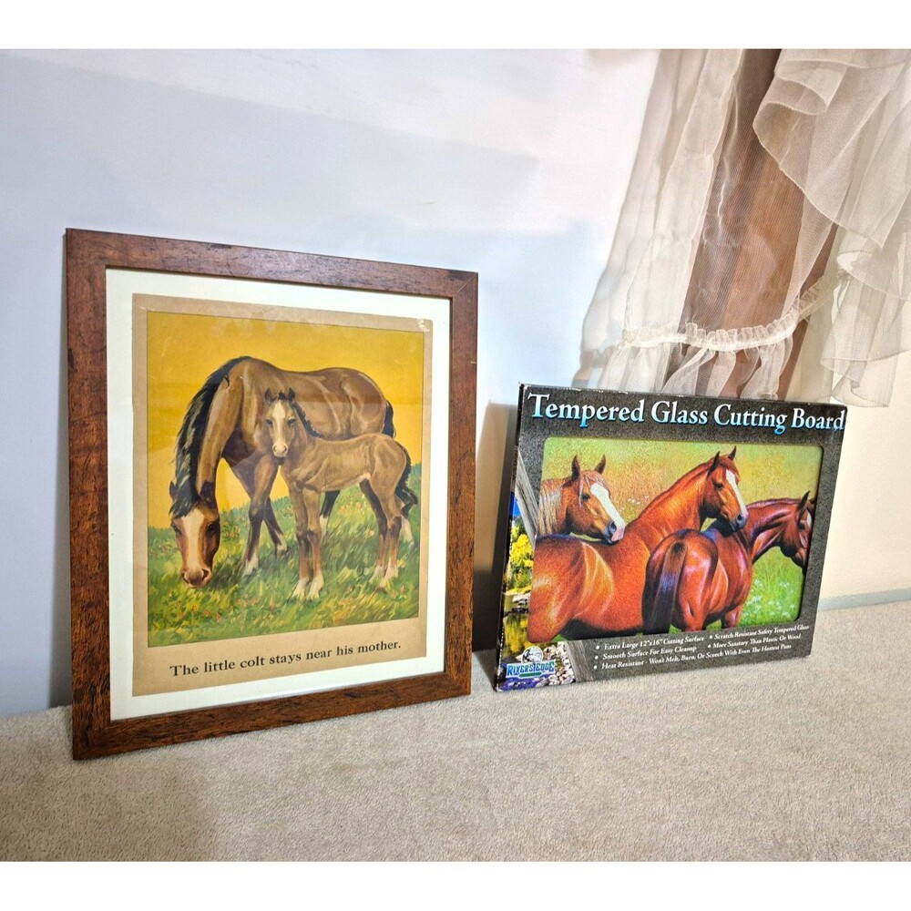 Horse Decor Lot Rivers Edge Tempered Glass Cutting Board Mare Foal Framed Art